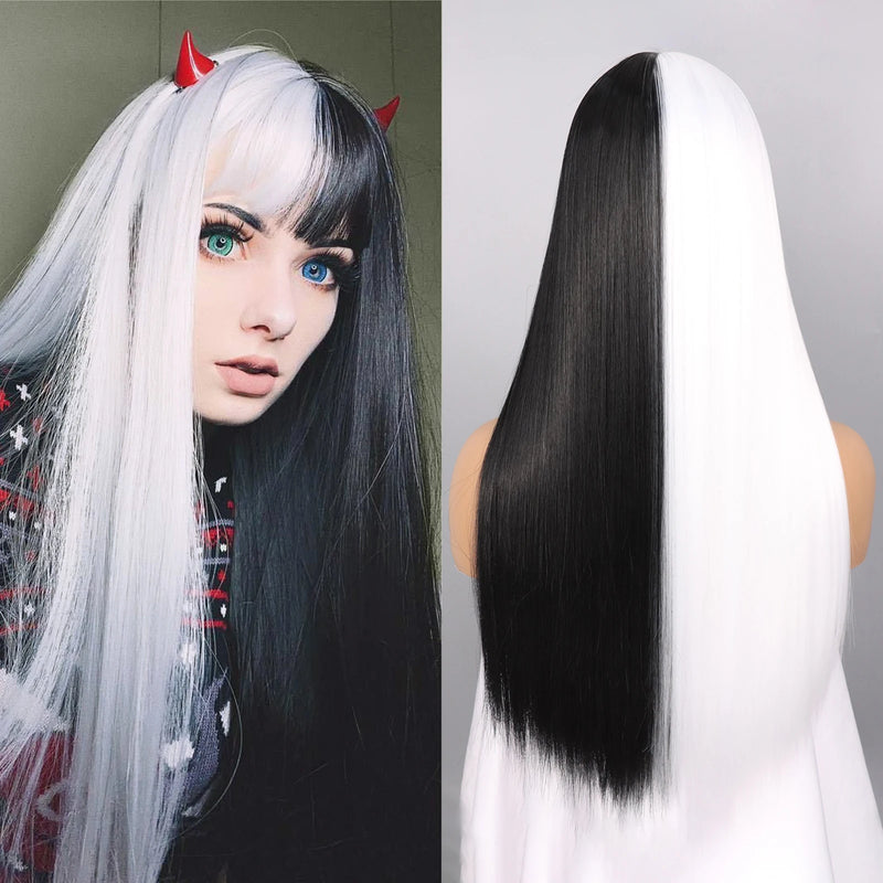 Synthetic Straight Wigs with Bangs Long Silky Heat Resistant Fiber Hair Full Machine Wig Cosplay Party Wig For Fashion Women