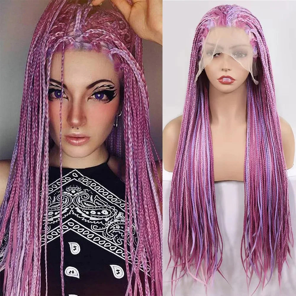 28Inch Pink Highlight Box Braided Wigs for Women Knotless Goddess Box Braid Lace Front Wig Colored Crochet Braid Synthetic Wig