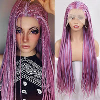 28Inch Pink Highlight Box Braided Wigs for Women Knotless Goddess Box Braid Lace Front Wig Colored Crochet Braid Synthetic Wig