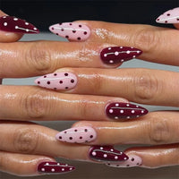 24PCS Wine Red Almond Press-On Nails – Cute Rabbit Bow Plaid Pearl French Fake Nails