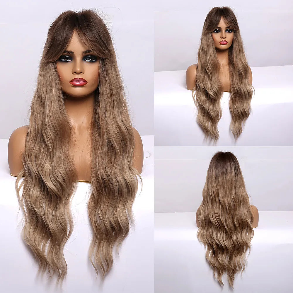 Brown Wavy Wigs for Women with Bangs Long Natural Synthetic Hair Wig Daily Cosplay Heat Resistant