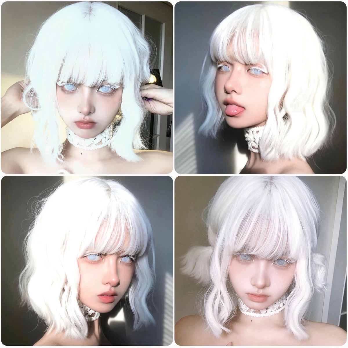 Short Curly Wavy White Synthetic Wig White Lolita Hair Wig with Bangs for Women Natural Cosplay Party Halloween Heat Resistant