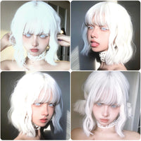 Short Curly Wavy White Synthetic Wig White Lolita Hair Wig with Bangs for Women Natural Cosplay Party Halloween Heat Resistant