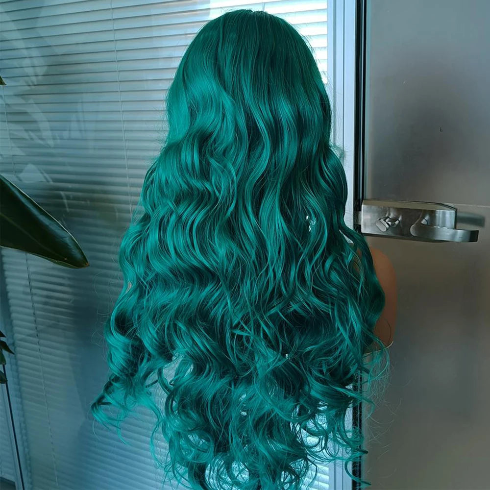 Emerald Green Lace Front Wig – Long Wavy Synthetic Wig for Women Heat Resistant Daily & Cosplay Wear