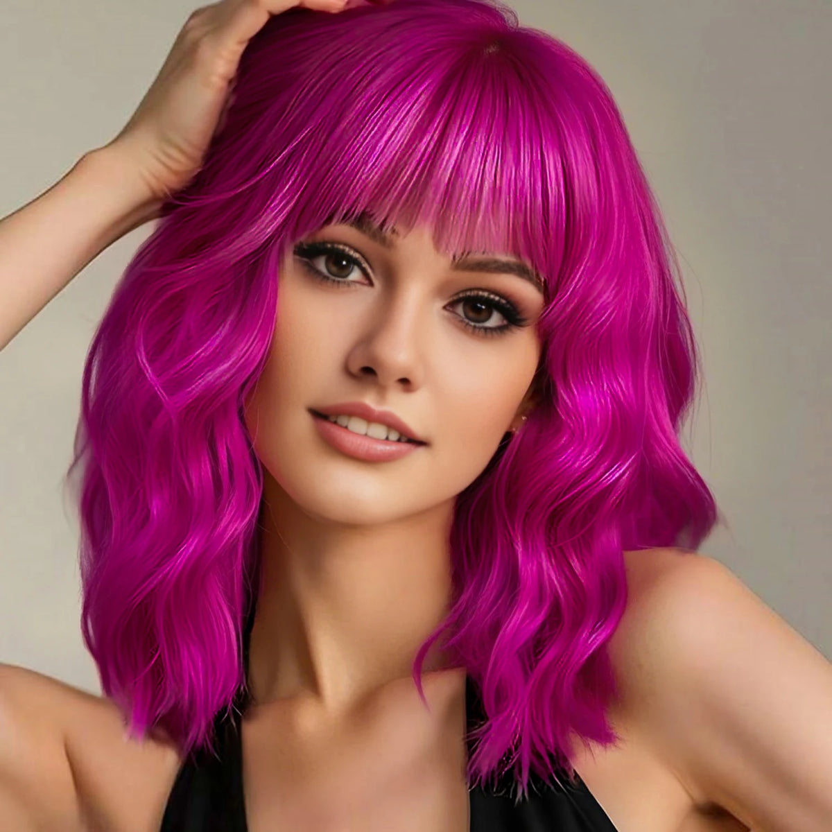 14inch Short Wavy Bob Synthetic Wig with Air Bangs Heat Resistance Shoulder Length Curled Wigs for Daily Use Cosplay for Women