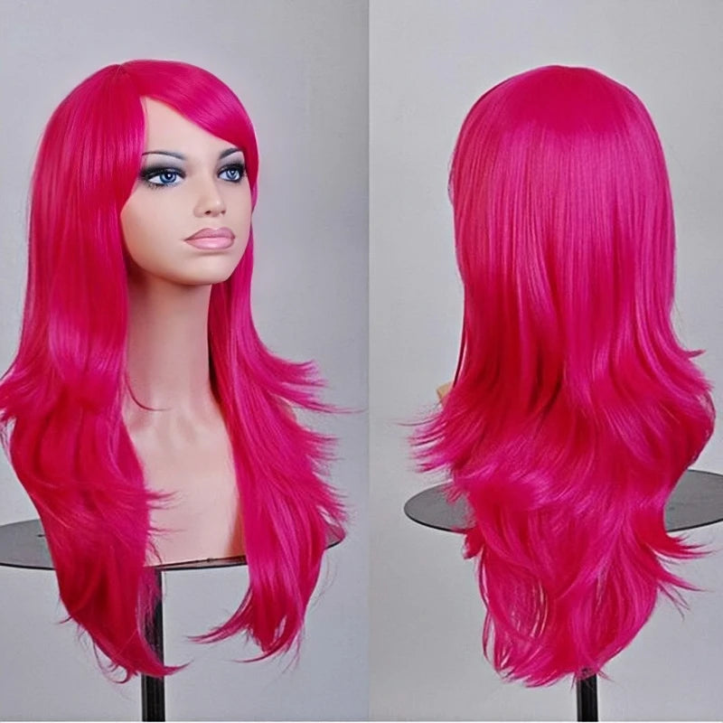 Soowee 70cm Long Synthetic Wigs Pink Purple Cosplay Wig Wavy Halloween Costume Hair Fake Hairpieces for Women