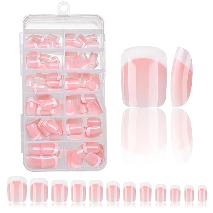 120pcs Pink French Press-On Nails – Short Square Shape, 12 Sizes, Full Cover Reusable False Nails for Daily Wear & Special Occasions