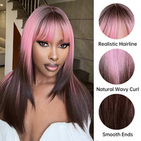 Pink Purple to Black Ombre Straight Medium Length Synthetic Wigs for Women with Bang Daily Cosplay Party Heat Resistant Hair Wig