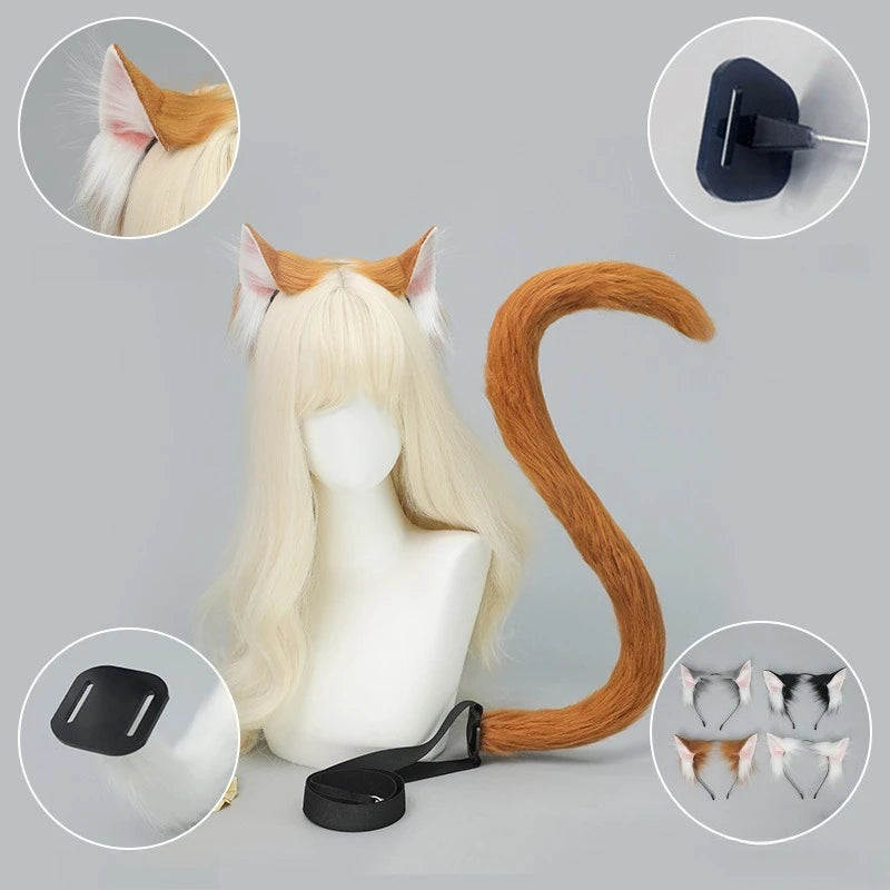 Handmade Plush Cat Ear Headband & Tail Set – Realistic Animal Cosplay Kit for Anime, Halloween & Furry Events