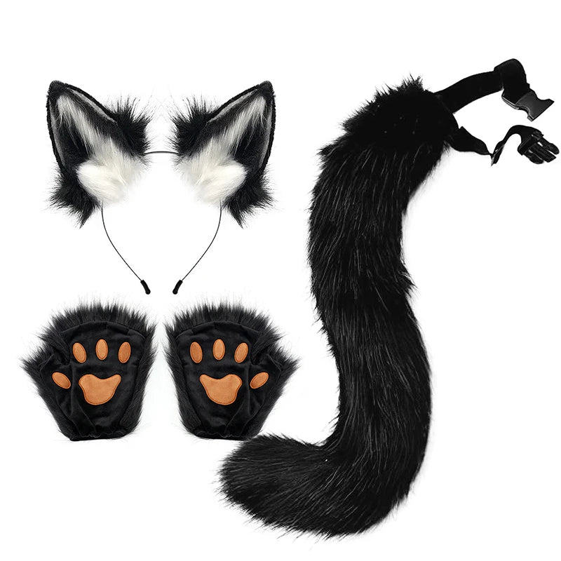 Kemonomimi Fox Ears & Plush Tail with Paw Gloves – Cute Halloween Cosplay Accessories