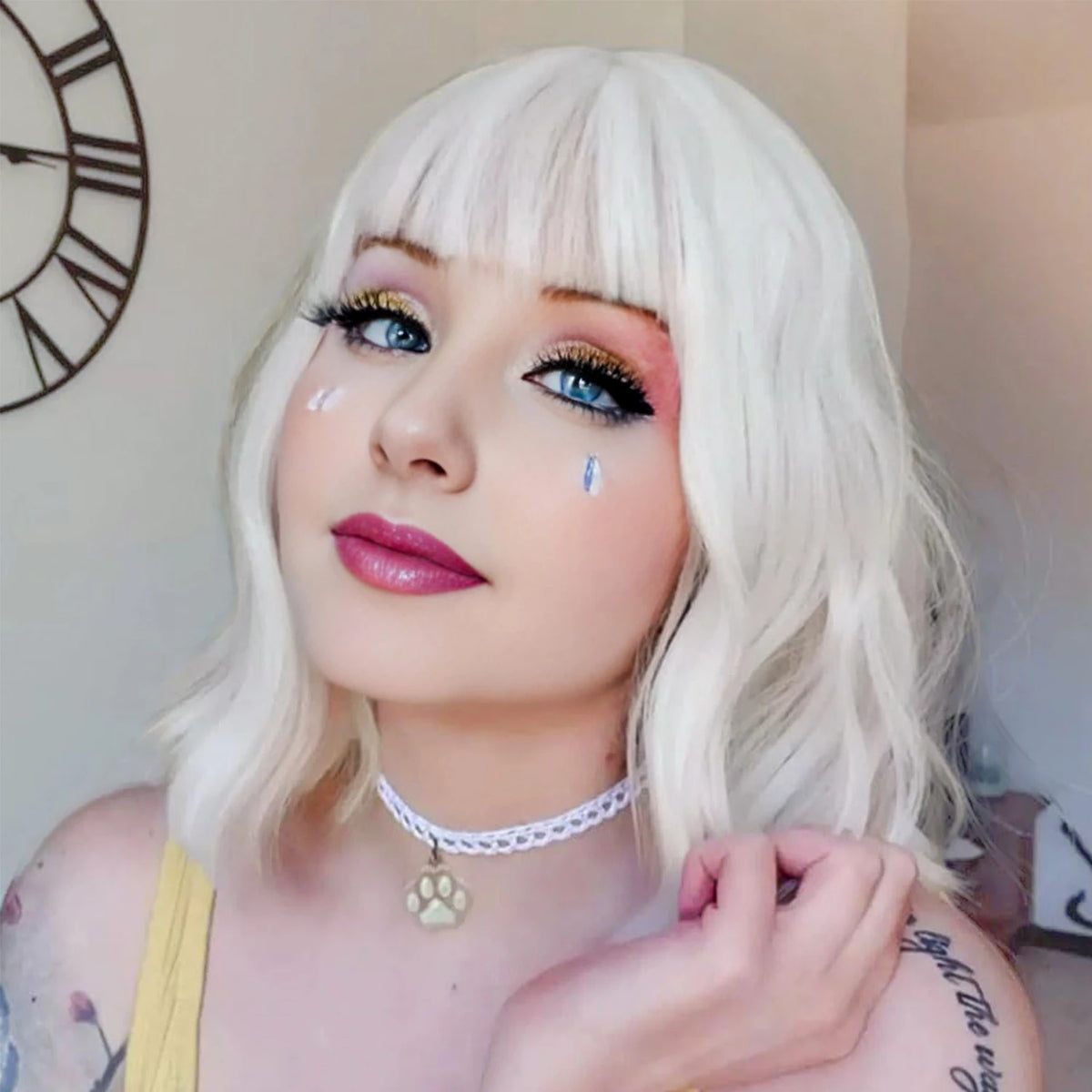 14inch Short Wavy Bob Synthetic Wig with Air Bangs Heat Resistance Shoulder Length Curled Wigs for Daily Use Cosplay for Women