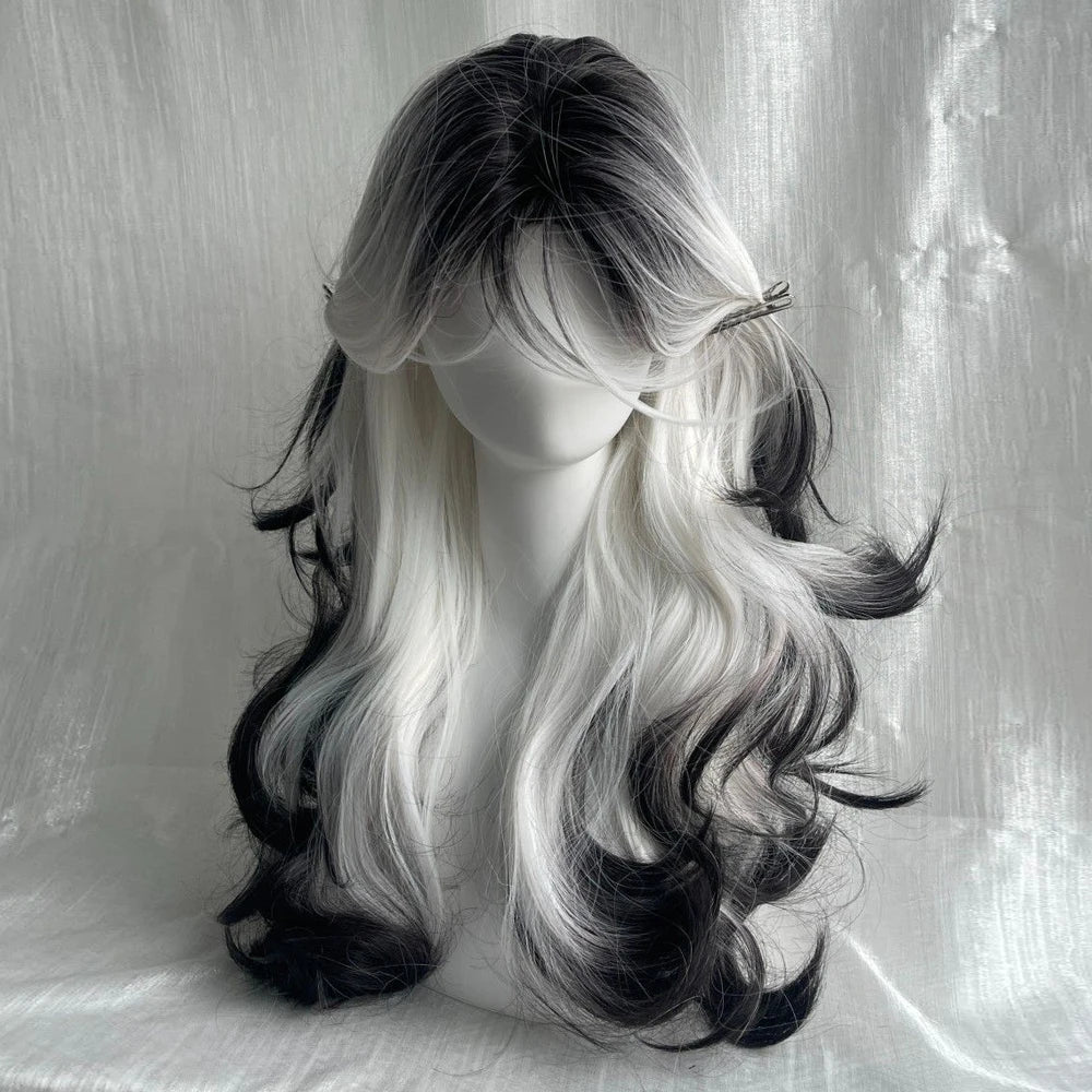 Long Wave Synthetic Black Ombre White Wig Fluffy Women Heat Resistant Wig for Daily Party Lolita Cosplay