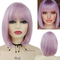 Light Purple Pink Bob Wig with Bangs – Synthetic Straight Cosplay Wig for Women