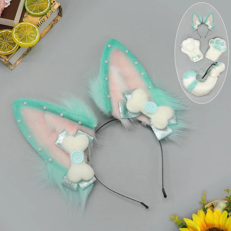 Hand-made Realistic Fluffy Fox Ear Headwear Faux Fur Wolf  Tail Plush Cat Claw Gloves Lolita Anime Exhibition Cosplay Props