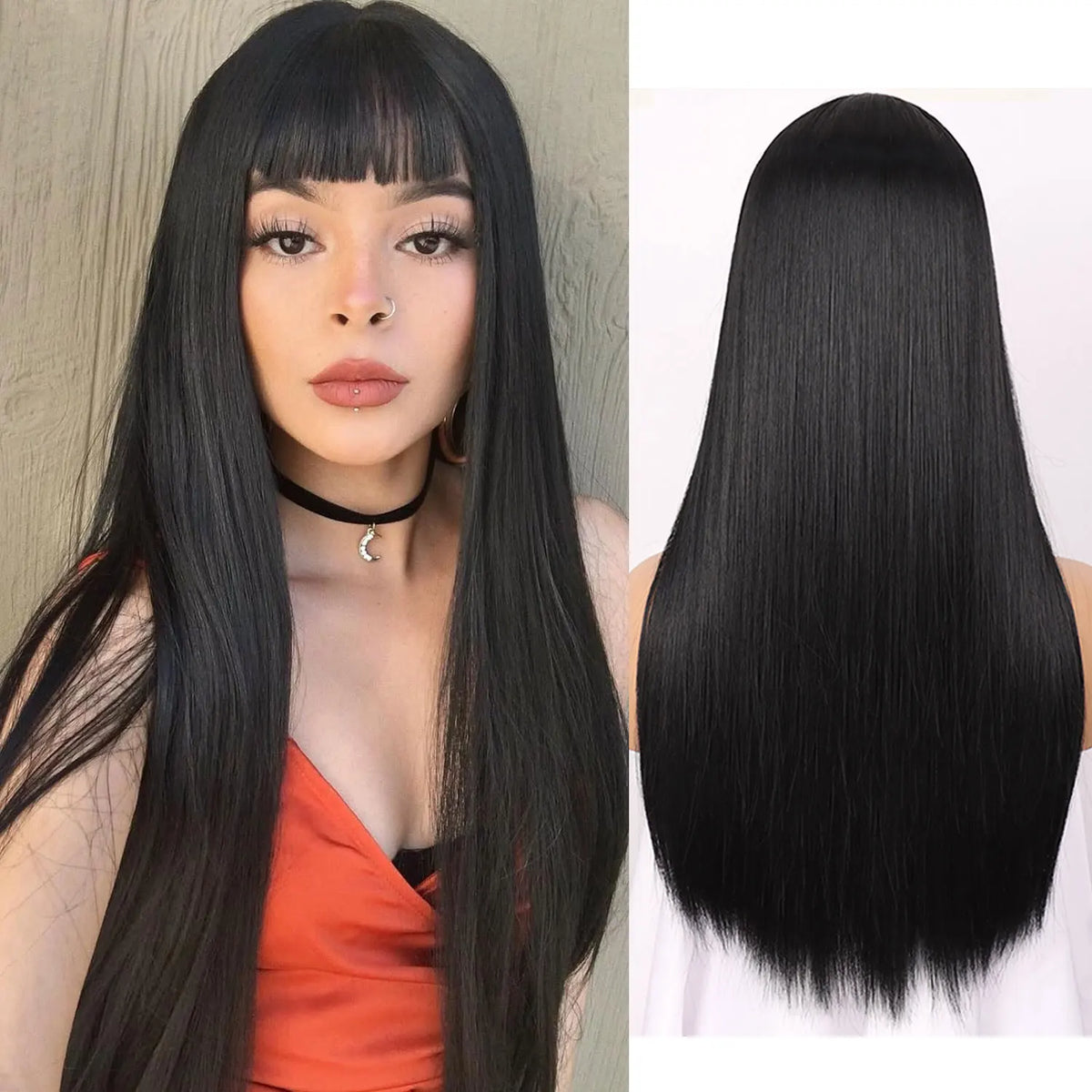 Synthetic Straight Wigs with Bangs Long Silky Heat Resistant Fiber Hair Full Machine Wig Cosplay Party Wig For Fashion Women