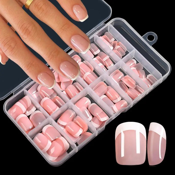 120pcs Pink French Press-On Nails – Short Square Shape, 12 Sizes, Full Cover Reusable False Nails for Daily Wear & Special Occasions