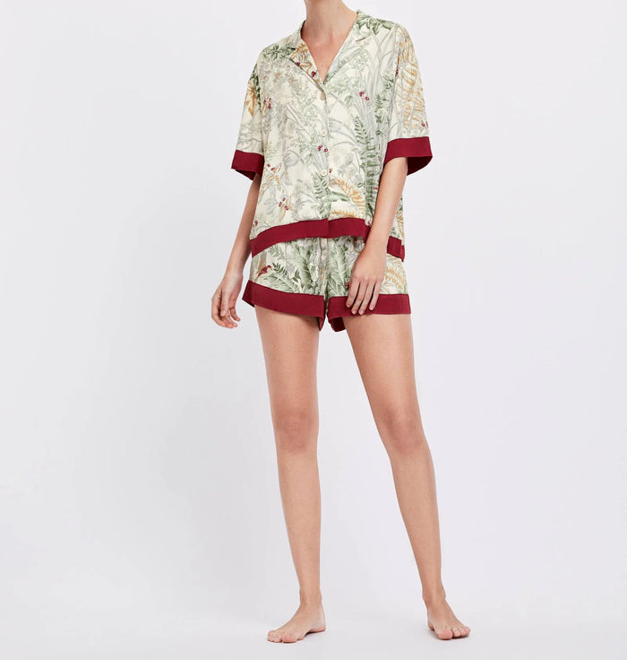 夏印刷半袖ショーツパジャマハーフターンダウン襟サテン部屋着女性のスパースターセクシーなランジェリーパジャマホームセット