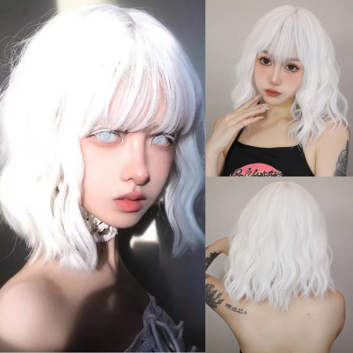 Short Curly Wavy White Synthetic Wig White Lolita Hair Wig with Bangs for Women Natural Cosplay Party Halloween Heat Resistant