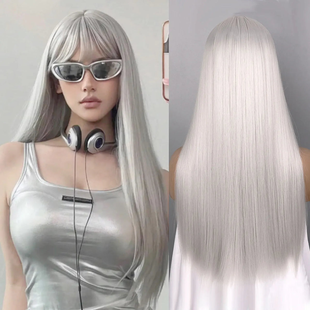 Synthetic Straight Wigs with Bangs Long Silky Heat Resistant Fiber Hair Full Machine Wig Cosplay Party Wig For Fashion Women