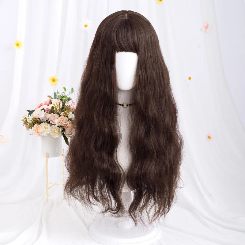 Long Wavy Brown Synthetic Wig with Bangs – Heat Resistant Natural Look Wig for Women, Halloween, Christmas & Daily Wear
