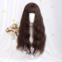 Long Wavy Brown Synthetic Wig with Bangs – Heat Resistant Natural Look Wig for Women, Halloween, Christmas & Daily Wear