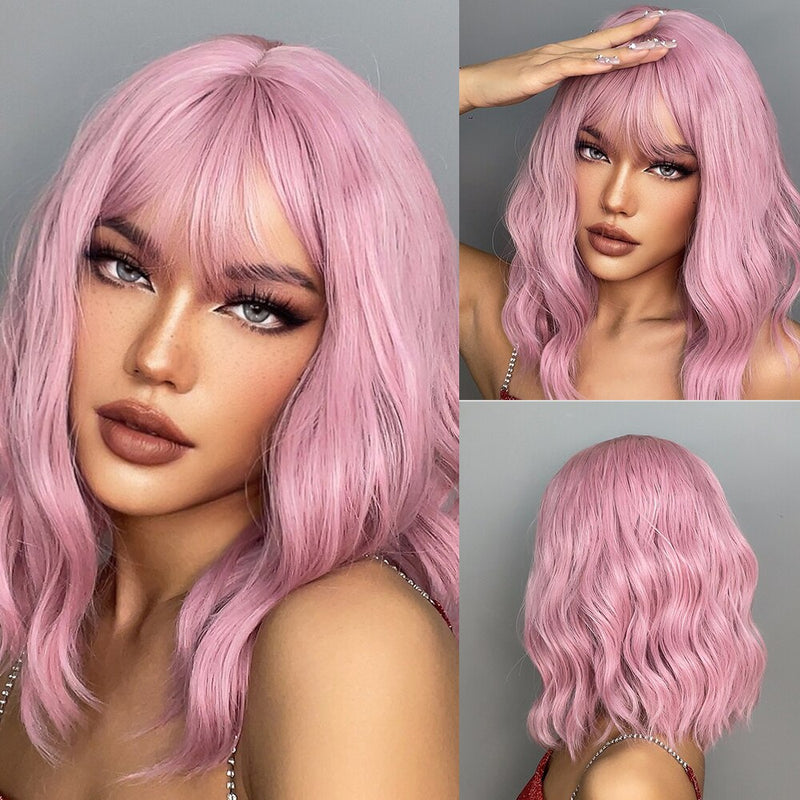 Wavy Synthetic Wig With Bangs Short Bob Pink Wigs Curly Wavy Shoulder Length Cosplay Wig Daily Colorful Wig