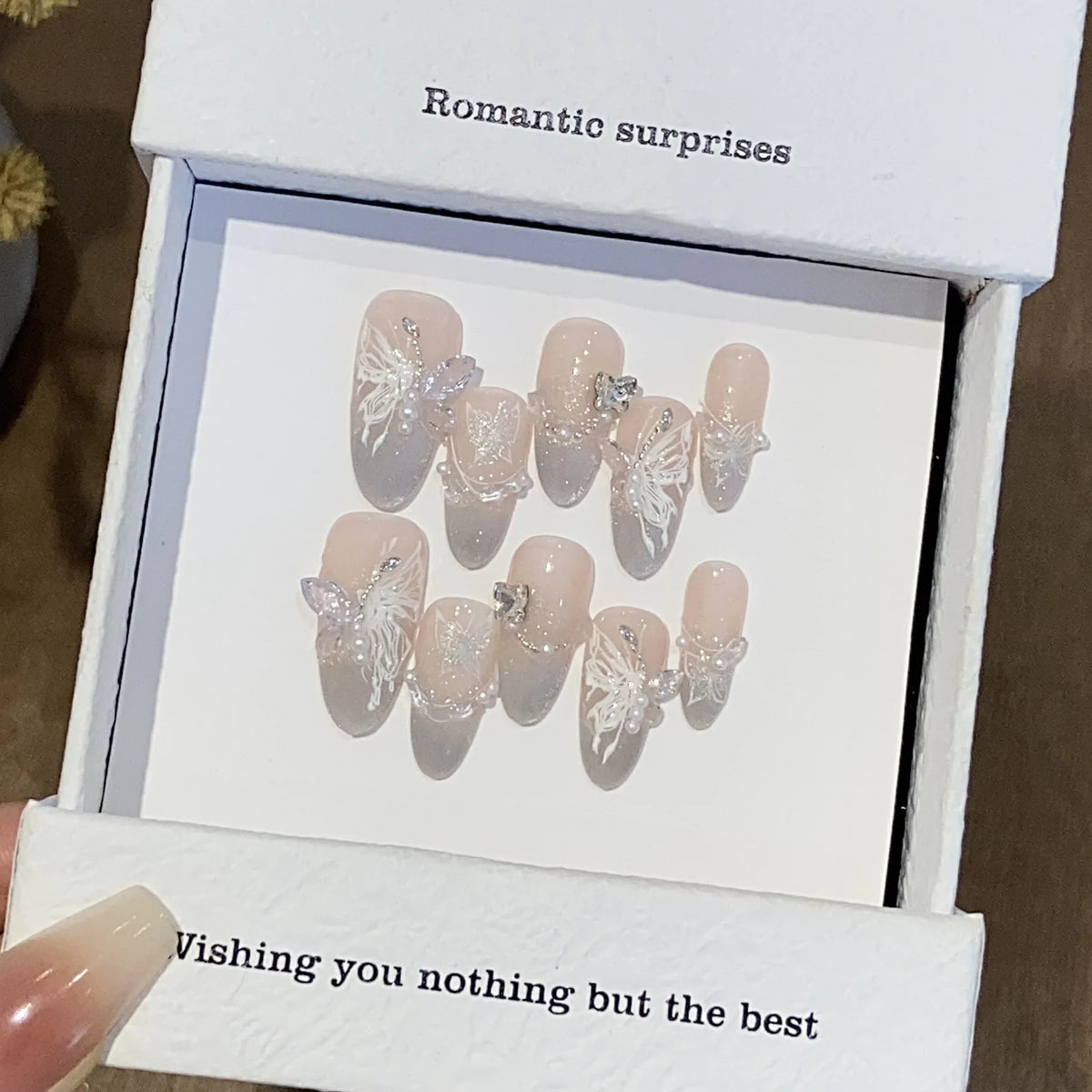 10pcs Handmade Cat Eye Almond Press-On Nails – Light Blue with Bow Accent