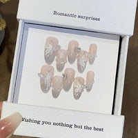 10pcs Handmade Cat Eye Almond Press-On Nails – Light Blue with Bow Accent