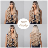 Blonde Highlight Long Synthetic Wig Natural Ombre Mixed Blonde Wig Wavy Wig with Bangs Heat Resistant Daily Use Fiber