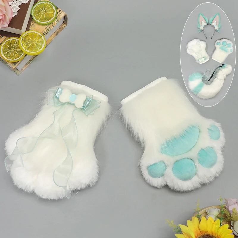 Hand-made Realistic Fluffy Fox Ear Headwear Faux Fur Wolf  Tail Plush Cat Claw Gloves Lolita Anime Exhibition Cosplay Props