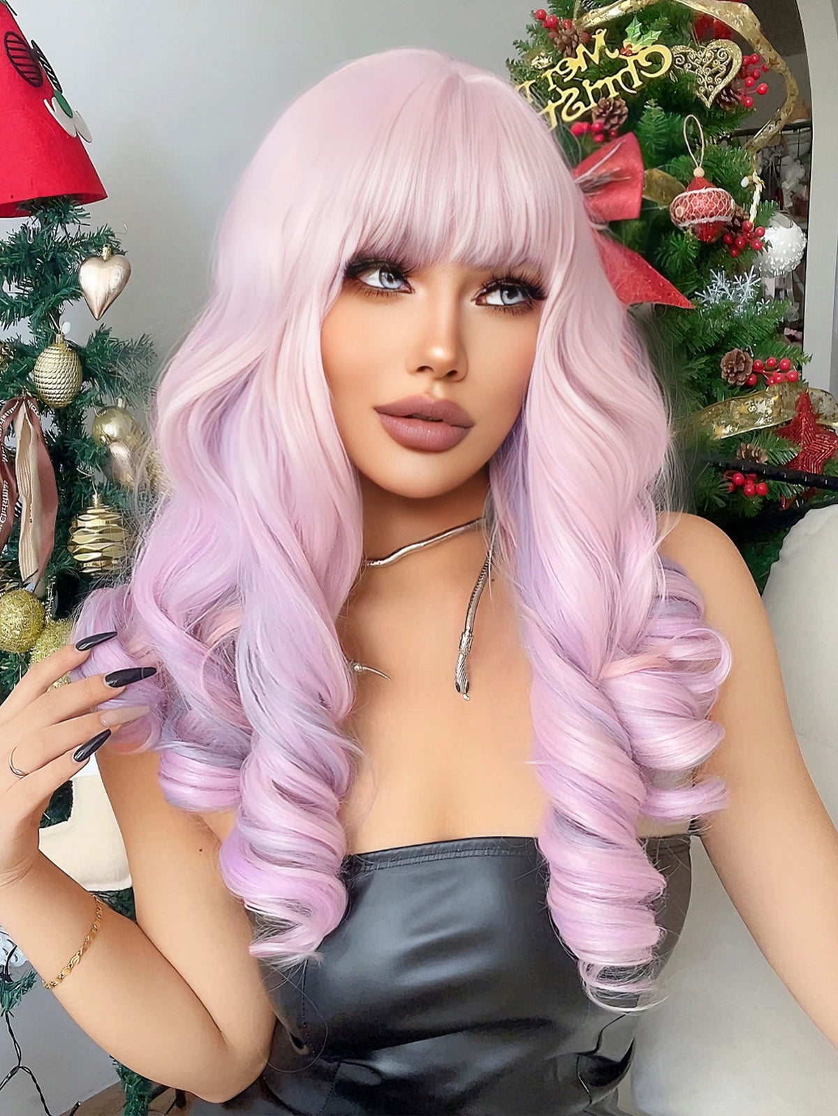 22Inch Cherry Blossom Pink Color Synthetic Wigs With Bang Long Natural Curly Hair Wig For Women Cosplay Party Heat Resistant