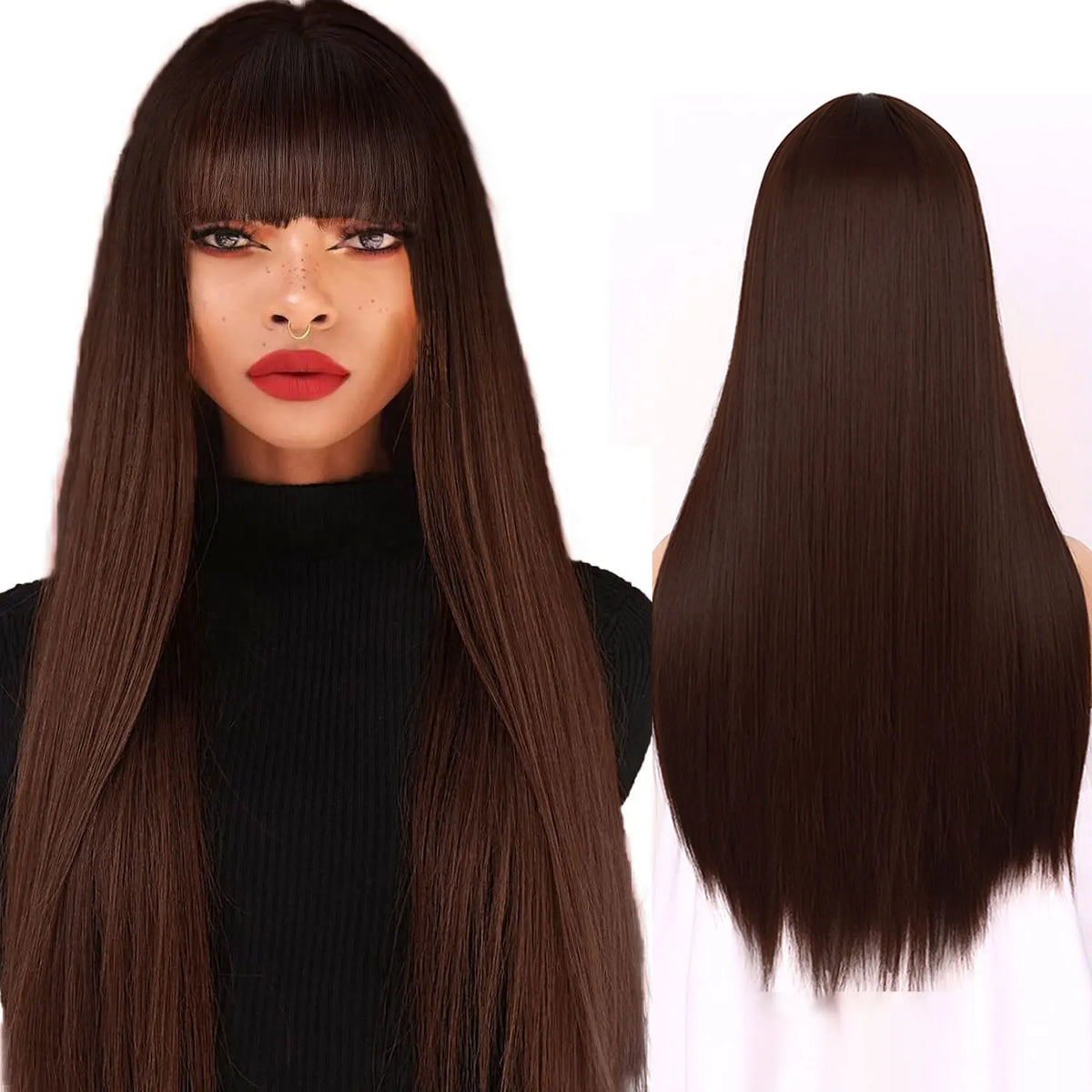 Synthetic Straight Wigs with Bangs Long Silky Heat Resistant Fiber Hair Full Machine Wig Cosplay Party Wig For Fashion Women