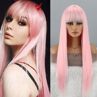 Pink Wigs with Bangs for Women Long Straight Pink Wig Colorful Synthetic Wig Natural Looking Hair Wigs for Daily Party Cosplay