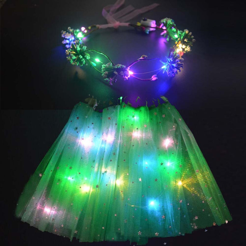 Light up Glow LED Girl Kids Women Star Tutu Skirt Costume Party Ballet Flower Crown Wreath Headband Christmas