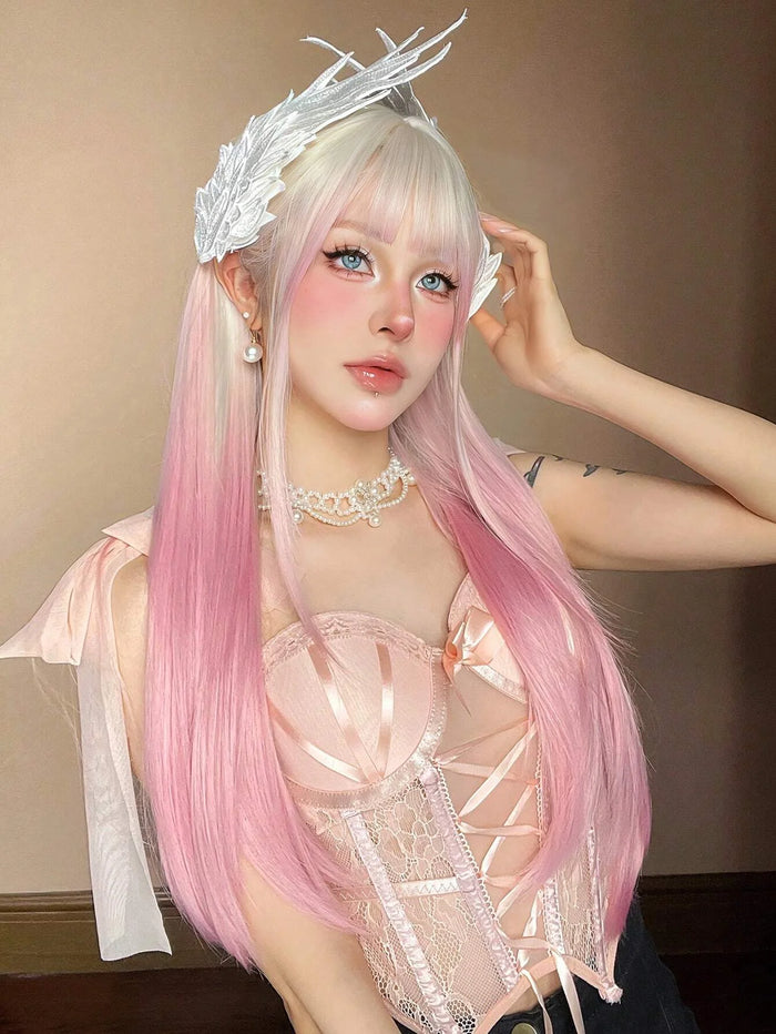 GEMMA Ombre Light Pink Blonde Long Straight Wig Synthetic Colorful Lolita Cosplay Hair Wigs with Bangs for Women Heat Resistant