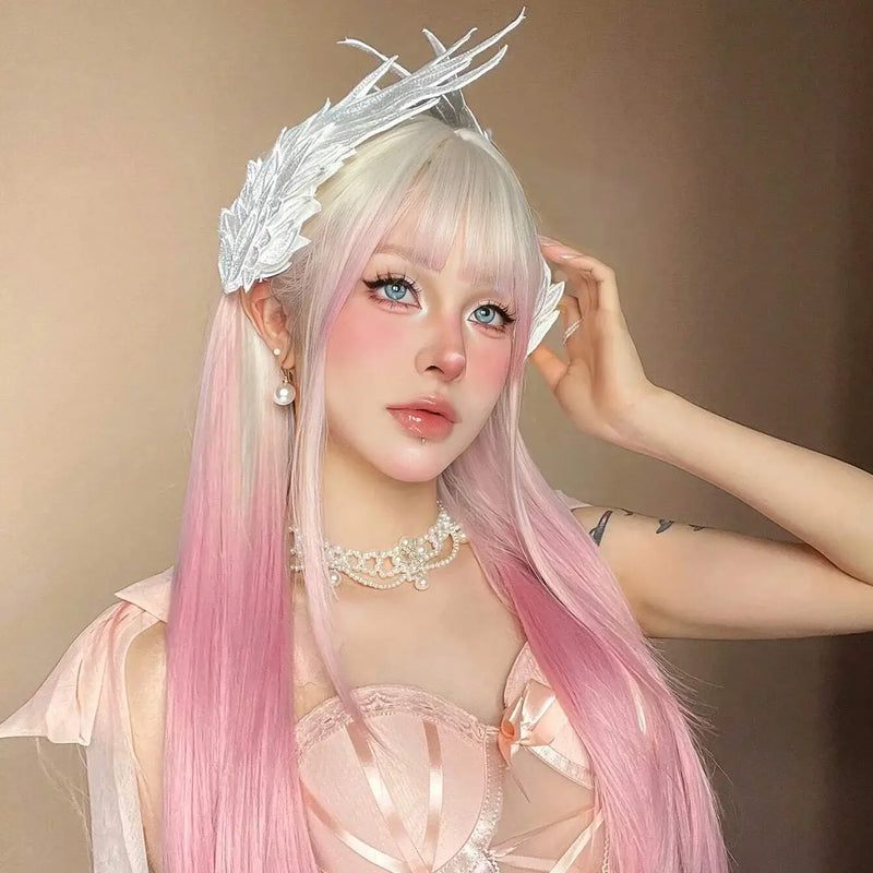 Ombre Light Pink Blonde Long Straight Wig Synthetic Colorful Lolita Cosplay Hair Wigs with Bangs for Women Heat Resistant