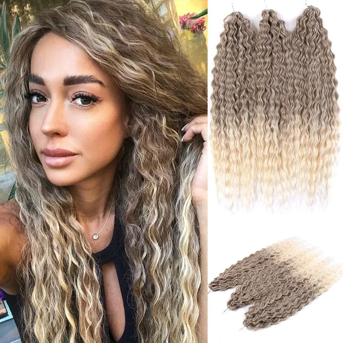 22 Inch Ombre Blonde Rainbow Water Wave Crochet Hair – 300g Synthetic Curly Braiding Extensions