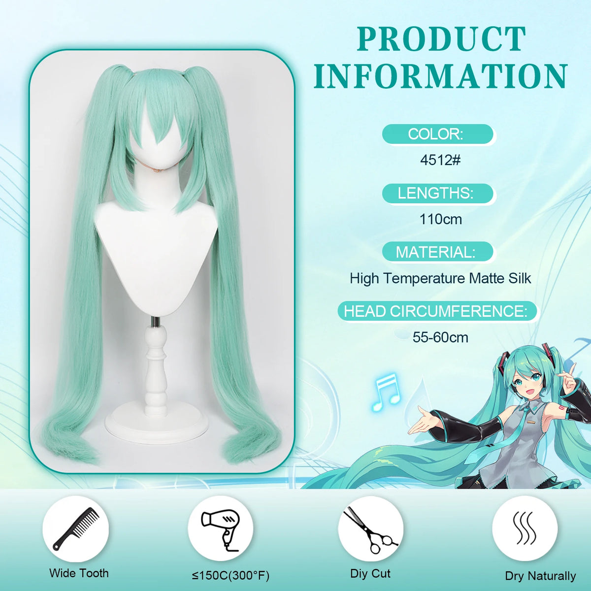 Anime Cosplay Wig, 110cm Double Ponytail Synthetic Fiber Blue Green Wig, Halloween, Christmas