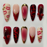 24PCS Wine Red Almond Press-On Nails – Cute Rabbit Bow Plaid Pearl French Fake Nails