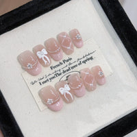 10pcs Blue Nude Cat Eye Press-On Nails, Short Almond Shiny Finish with Rhinestone Accent