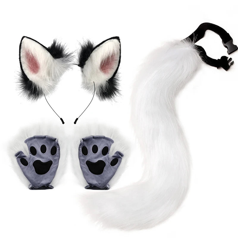 Kemonomimi Fox Ears & Plush Tail with Paw Gloves – Cute Halloween Cosplay Accessories