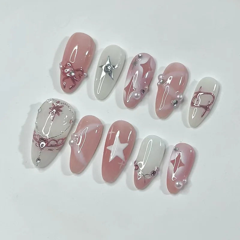 24PCS Wine Red Almond Press-On Nails – Cute Rabbit Bow Plaid Pearl French Fake Nails