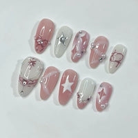 24PCS Wine Red Almond Press-On Nails – Cute Rabbit Bow Plaid Pearl French Fake Nails