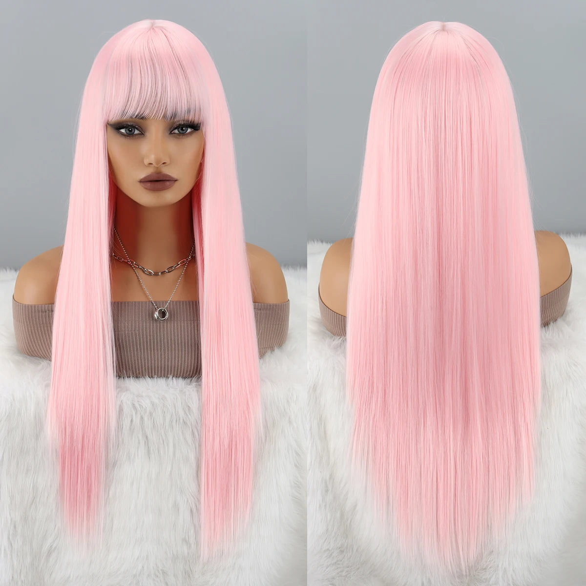 Pink Wigs with Bangs for Women Long Straight Pink Wig Colorful Synthetic Wig Natural Looking Hair Wigs for Daily Party Cosplay