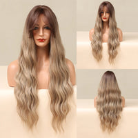 Brown Wavy Wigs for Women with Bangs Long Natural Synthetic Hair Wig Daily Cosplay Heat Resistant