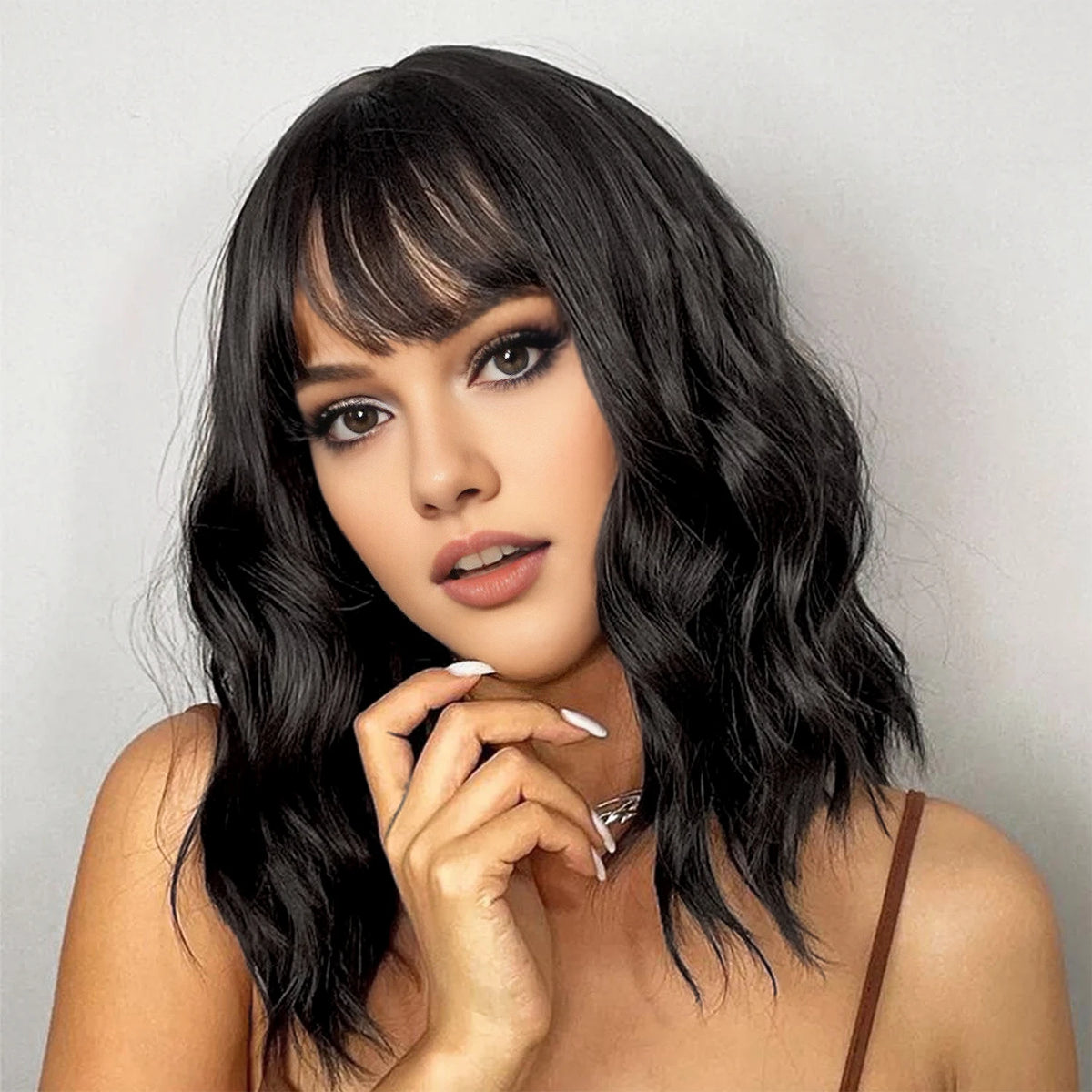 14inch Short Wavy Bob Synthetic Wig with Air Bangs Heat Resistance Shoulder Length Curled Wigs for Daily Use Cosplay for Women