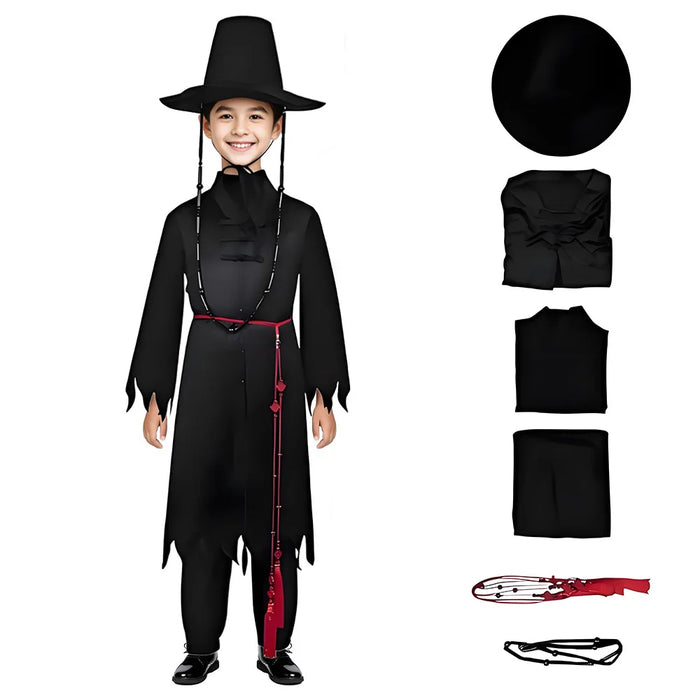 Black Gothic Costume Dress – Complete Outfit with Hat & Necklace for Halloween & Party