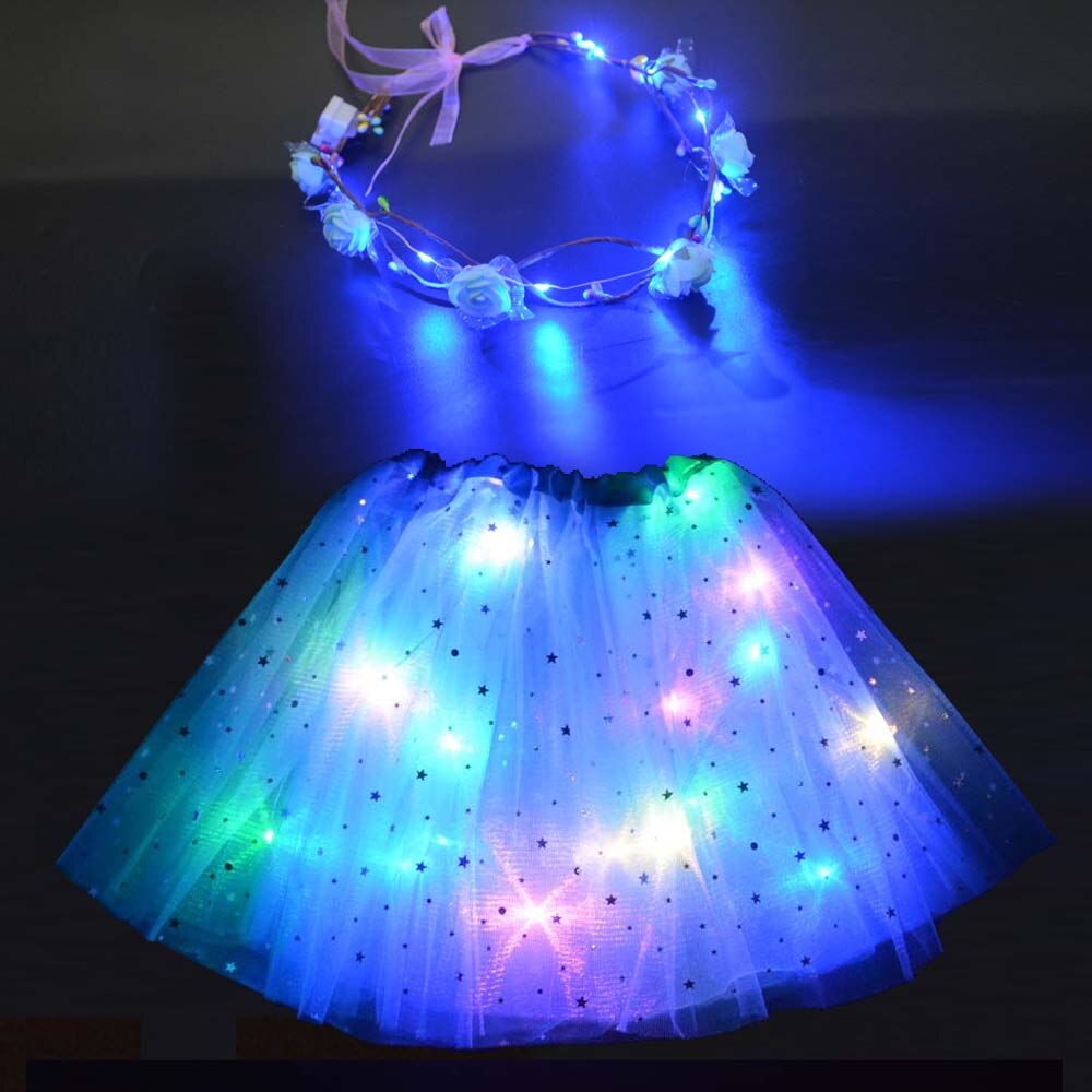 Light up Glow LED Girl Kids Women Star Tutu Skirt Costume Party Ballet Flower Crown Wreath Headband Christmas