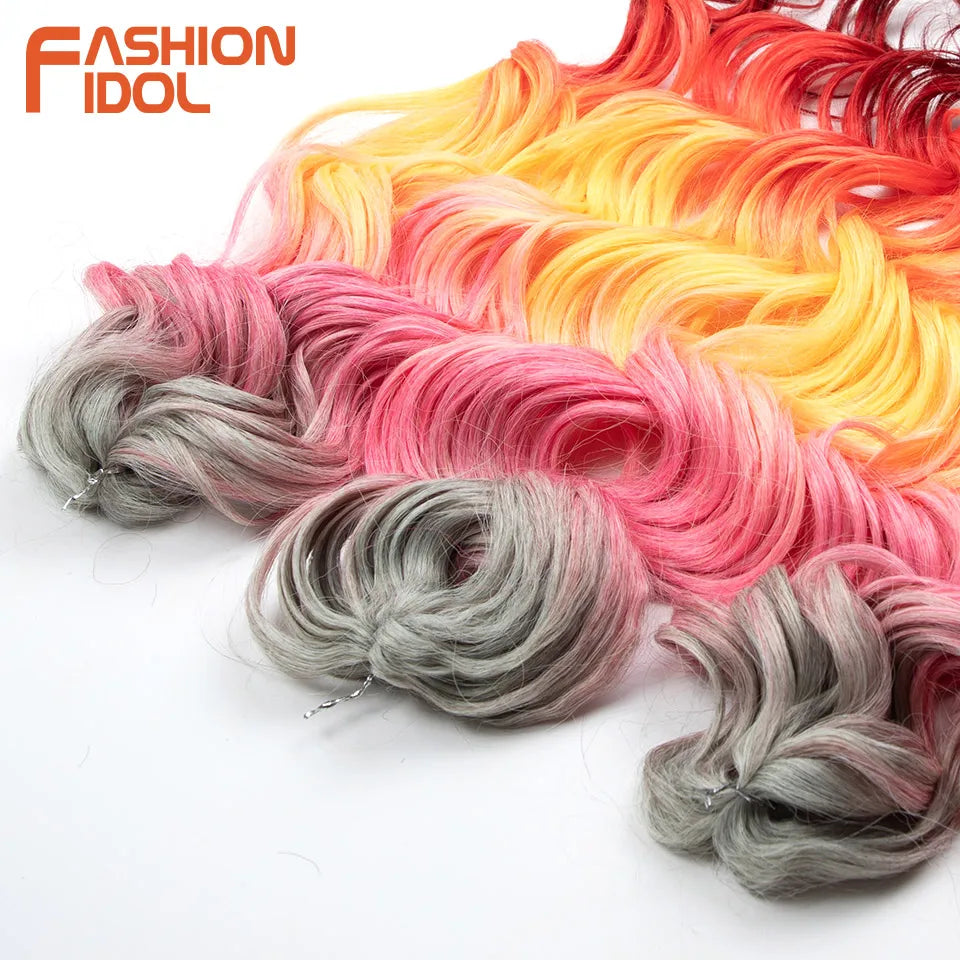24inch 300g/3pcs Ombre Pink Orange Red Crochet Hair Extensions Total Heat Resistant Synthetic Wavy Braiding Hair