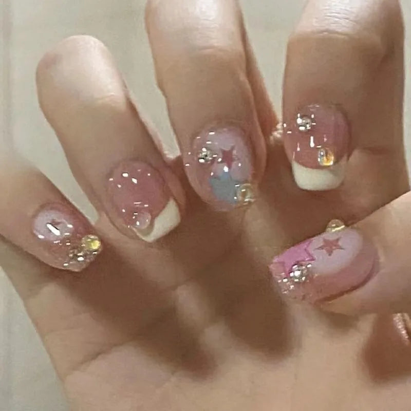 10pcs Sweet Cute Press-On Nails – Blue Nude Short Round Cat Eye False Nails with Butterfly, Shiny Summer Set